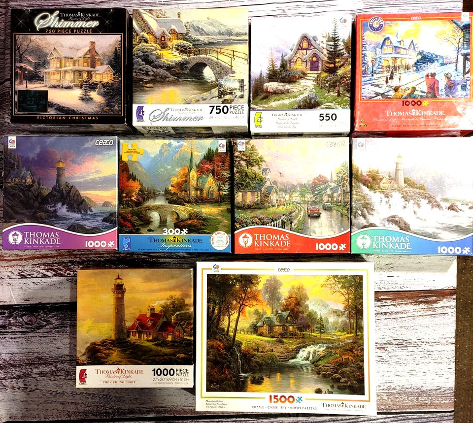 Thomas Kinkade Lot of 10 Puzzles. 1 X 1500, 5 X 1000, 2 X 750, 1 X 550 + 1 X 300 - Image 1 of 4
