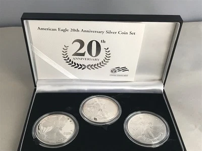 US Mint 20th Anniversary American Eagle Silver 3-Coin Set with Box and COA - Image 1 of 4
