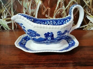 SPODE England, Blue Tower, schöne Sauciere mit feste Unterplatte - Bild 1 von 4
