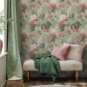 Pink Sage Floral Wallpaper Green Maroon Flowers Smooth Finish Feature Wall Study - Picture 1 of 5