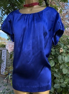 Viyella  Pure Silk satin Royal Blue Short Sleeve  C Short Sleeve Top UK 18 VGC - Image 1 of 4