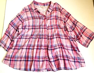Woman Within Damen Bluse 3X lila kariert V-Ausschnitt Knopfleiste 3/4 Arm - Bild 1 von 6