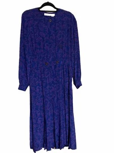 VTG 80s PURPLE Paisley On BLUE GAUZE Dress LIZ CLAIBORNE SIZE 12 Pleated Skirt - Picture 1 of 11