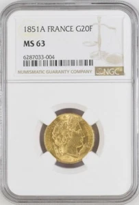 FRANCIA, ORO 20 FRANCOS 1851 A - NGC COMO NUEVO 63, RARO8 - Imagen 1 de 4