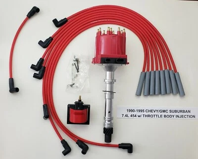 1990-95 CHEVY/GMC SUBURBAN 7.4L 454 TBI DISTRIBUTOR + COIL +RED Spark Plug Wires - Image 1 of 2