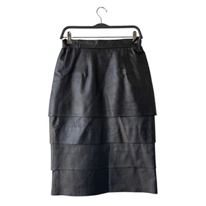 Vintage UNBRANDED Tiered Midi Pencil Leather Skirt Size Small Black Gothic - Picture 1 of 2