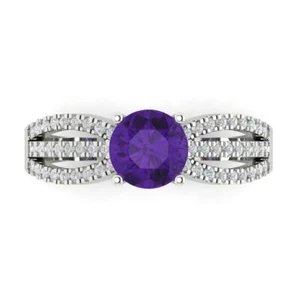 1.25ct Round Real Amethyst Classic Bridal Statement Designer Ring 14k White Gold - Picture 1 of 11