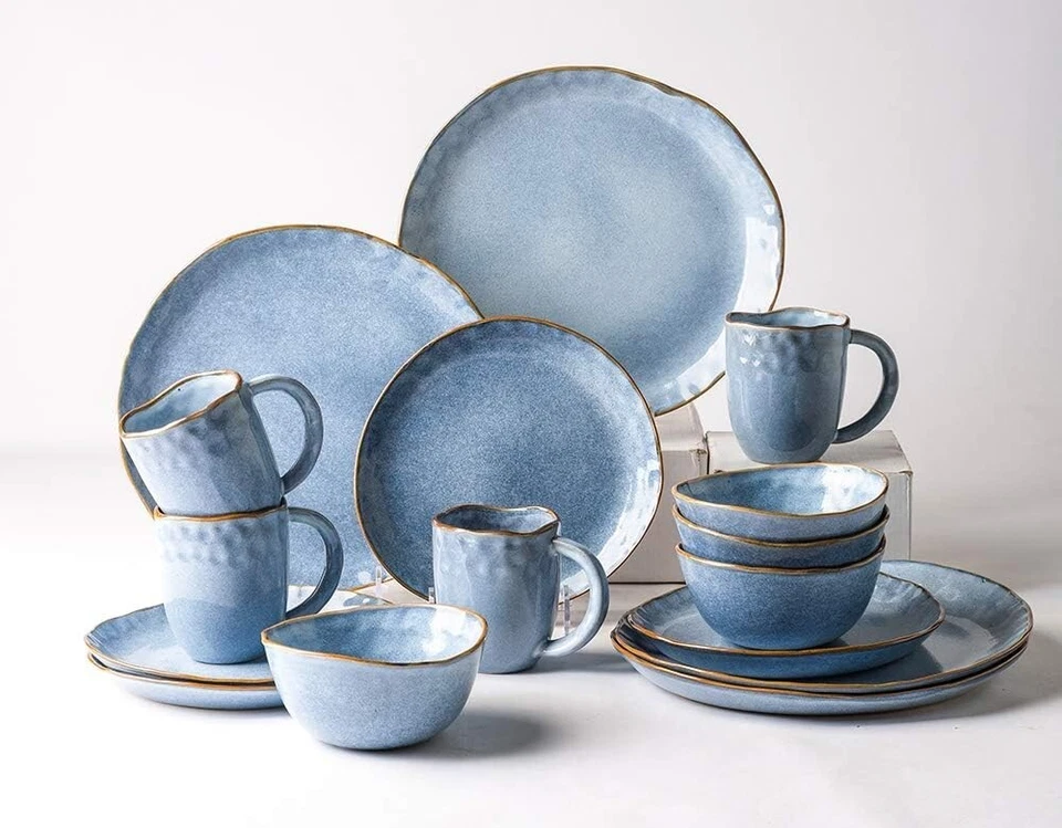 Pangu 16-Piece Dinnerware Sets, Service for 4,Blue, Handmade Random Shape - Image 1 of 4