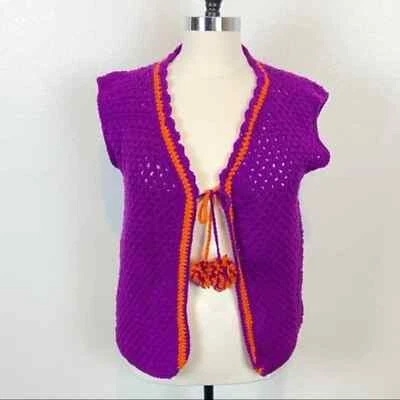 Suéter Chaleco Para Mujer Talla L a 1X Funky Retro Púrpura Naranja Hecho a Mano De Colección Foto 1 de 3