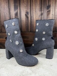 Nanette Lapore Linette Gray Wool Rhinestone Ankle Boots Square Heel Women’s 10M