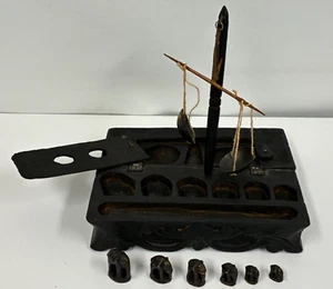 VINTAGE OPIUM SCALES WITH WEIGHTS BRASS ELEPHANTS CARVED WOOD BOX - Picture 1 of 14