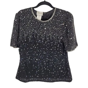 Stenay womens large 80s grey beaded sequin round neck vintage silk blouse  - Picture 1 of 9