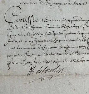 Certificat signé par le prince de Condé et son secrétaire des commandements, ... - Imagen 1 de 1