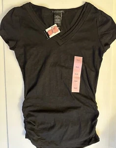 GRACE ELEMENTS S/S V-Neck Top with side ROUCHING Black sz Small NEW - Picture 1 of 9