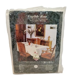English Rose 72" Round Fine Embroidered Tablecloth w/Yellow On White Applique - Picture 1 of 4
