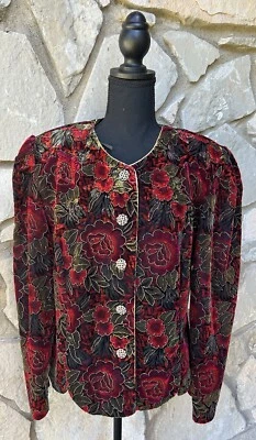 Chaqueta Elegante Vintage OTRO TOMILLO L XL Rojo Floral Terciopelo Brillo Acentos EC Foto 1 de 4
