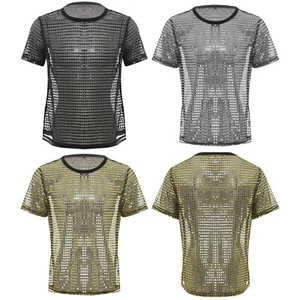 Mens Top Ultra-thin T-shirt Soft Blouse Sequin Tee Mesh Costume Halloween Club - Picture 1 of 63