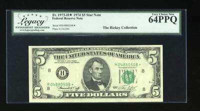 DBR 1974 $5 FRN St. Louis STAR Fr. 1973-H* Legacy 64 PPQ Serial H04880508* - Image 1 of 2
