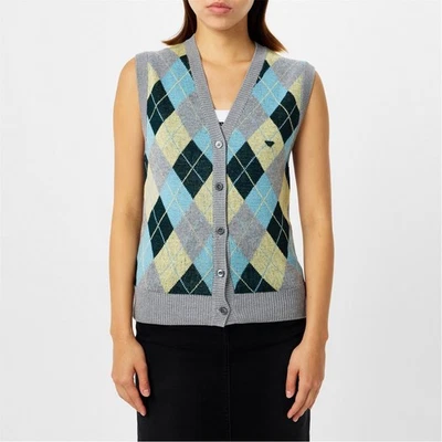 PRADA Gray Yellow Blue Wool Argyle Intarsia Knit Sweater Cardigan Vest 40 / 4 - Image 1 of 4