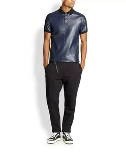 Camiseta polo azul para hombre y niño | Camiseta con cuello de cuero de... - Imagen 1 de 3