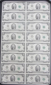 $2 Two Dollar Bills Uncut Currency Sheet of 16 1995 Notes $32 - Picture 1 of 2
