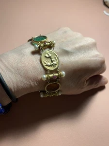Etruscan 14k Intaglio Ruby & Pearl Bracelet 7.5” Italy Estate MINT - Picture 1 of 12