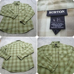 Burton Flannel Men Large Green Plaid Flannel Pockets Button Up Performance Wick - Picture 1 of 15