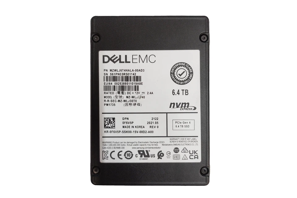 Hard Drive Dell 6.4TB SSD PCIe NVMe 4.0x8 U.2 2.5" TLC MU AES-256 F6V5P - Image 1 of 1