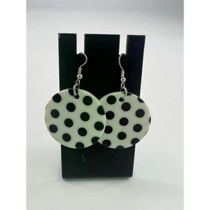 Handmade Earrings Round Plastic Polka Dot Black White Dangle Gift New - Picture 1 of 4