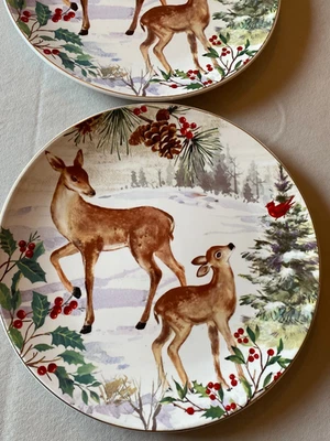 2 обеденные тарелки Robert Stanley 10,5 дюйма олень красная птица зимняя снежная сцена с золотой отделкой - Изображение 1 из 4