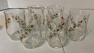 Vintage Anchor Hocking Red Rose Vine Set Of 6 Juice Glasses 3.5” Tall - Picture 1 of 9