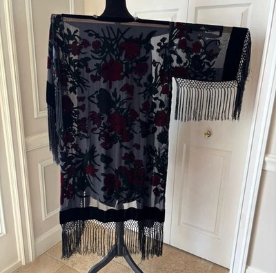 Vintage Burnout Velvet Fringed Kimono Women's OS Wimsygoth Witchy Goth Festival - Image 1 of 4