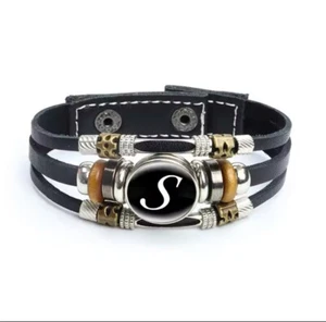 Leather Bracelet Letter S Alphabet Cabochon Adjustable Snap Bracelet Men Women - Picture 1 of 5