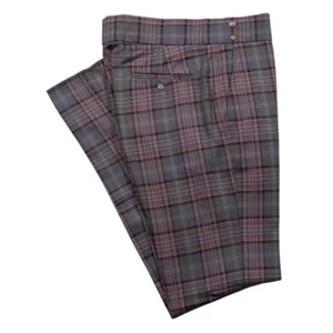 Mens Gurkha Pants Gray Red Plaid Wool Slim Straight Flat Front Dress Trousers 36 - Picture 1 of 7