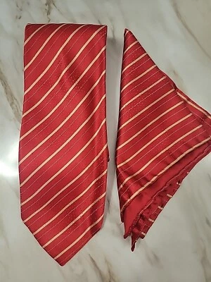 Галстук Italo Ferretti красный/золотой в полоску с соответствующим карманом квадратный 100% шелк  - Изображение 1 из 4