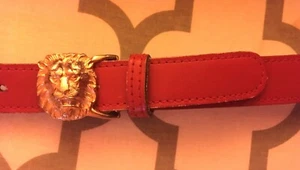 ANNE KLEIN 1980's Red Leather Contour Belt with Gold Lion Head Buckle style 8395 - Picture 1 of 3