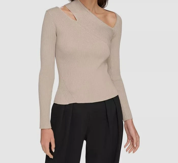 DKNY Women Beige Ribbed Asymmetric Cutout Sweater Size XL