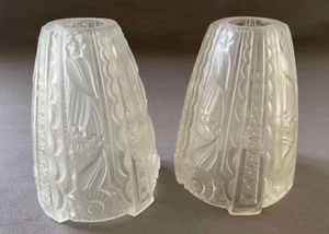 Rare Pair Vintage French Signed Donna Paris Art Deco Floral Molded Glass Shades - Picture 1 of 9