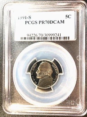 1991 S 5c PROOF JEFFERSON NICKEL PCGS PR 70 DCAM DEEP CAMEO - Image 1 of 4