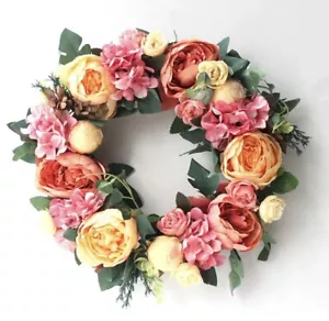 Pink And Orange Floral Artificial Peony Flower Wreath 15.7 Inch Door Wreath - Picture 1 of 3