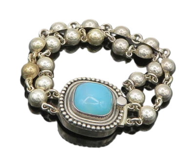 Pulsera Cadena DISEÑADOR 925 Plata Vintage Cabujón Azul Calcedonia BT8232 Foto 1 de 4