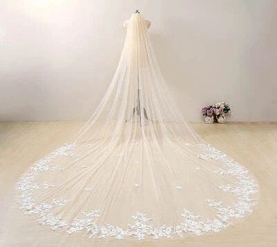 Wedding Bridal Veil Cathedral Length Lace Exquisite Flower Applique With Comb - Image 1 of 4