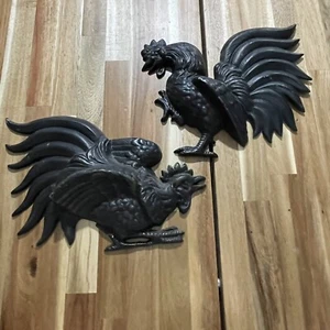 2 Vintage Hoda Large Metal Fighting Roosters Cocks Wall Hanging Farmhouse Decor - Picture 1 of 7