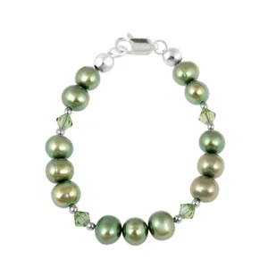 925 Silver Green Freshwater Pearls & Green European Crystals Baby Bracelet, 4" - Picture 1 of 3