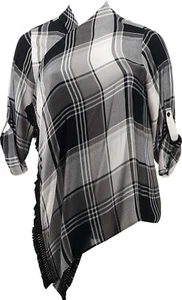 Colleen Lopez Woven Plaid Roll-Tab Slv Topper BLACK PLAID M NWOT (43) - Picture 1 of 8