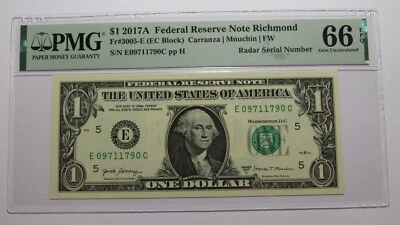 $1 2017 Radar Serial Number Federal Reserve Currency Bank Note Bill PMG UNC66EPQ - Image 1 of 3