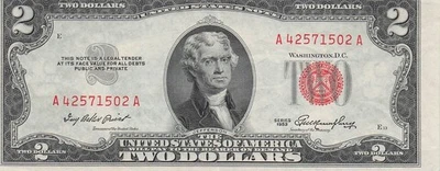 USA   $2  Series of 1953  Block  A - A  Red Seal  Circulated Banknote FX - Image 1 of 2