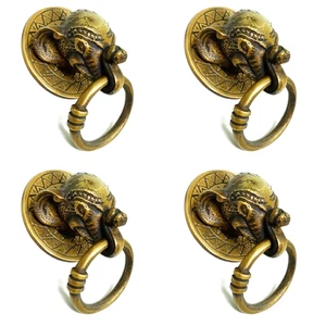 4 ELEPHANT pulls handles antique solid brass vintage drawer knobs ring 6 cm - Picture 1 of 10