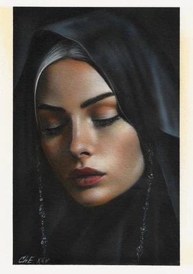 Pintura original A4 303ChE arte acrílico aerógrafo realismo moderno monja retrato Foto 1 de 2