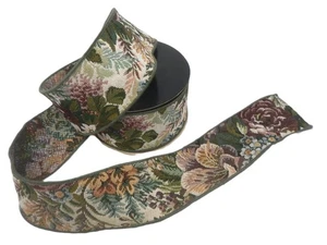 Princess Ribbon Elite Sage Woven Forest Floral Tapestry Wired 2 3/4" x 10yds - Picture 1 of 2